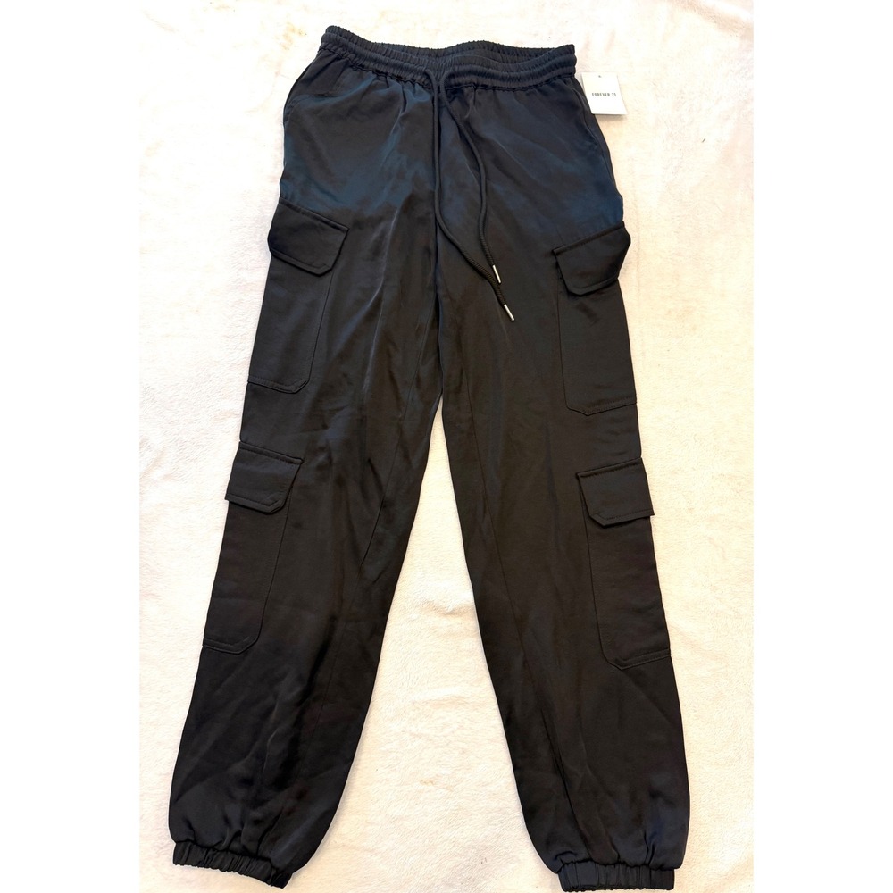 Forever 21 Womens Black Satin Cargo Jogger Pants‎ Drawstring Waist Small NEW